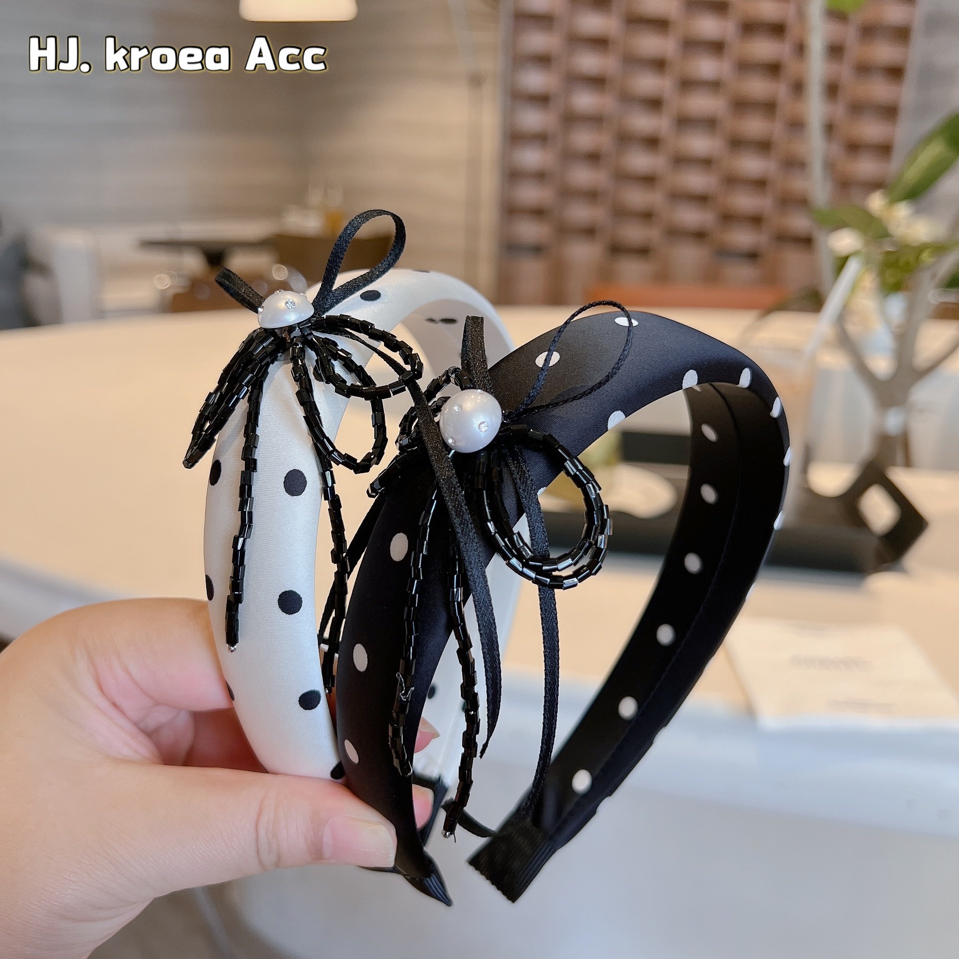 黑白波點~經典赫本風百搭高顱頂黑水晶花朵發箍發卡飾品女