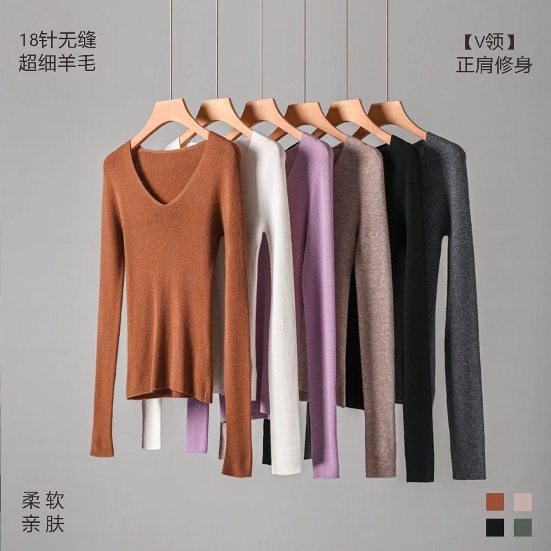 Yangzi Sashima эссенция 18 игл бесшовный V-образный вырез 100 шерстяной трикотаж женский тонкий базовый свитер