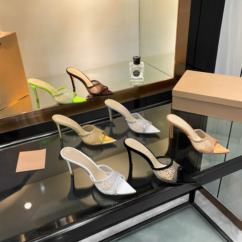 2024 New Arrival Thin Heel Transparent High Heel Sandals Women's Beautiful Pointed Rhinestone Slippers Women's Summer Outer Wear