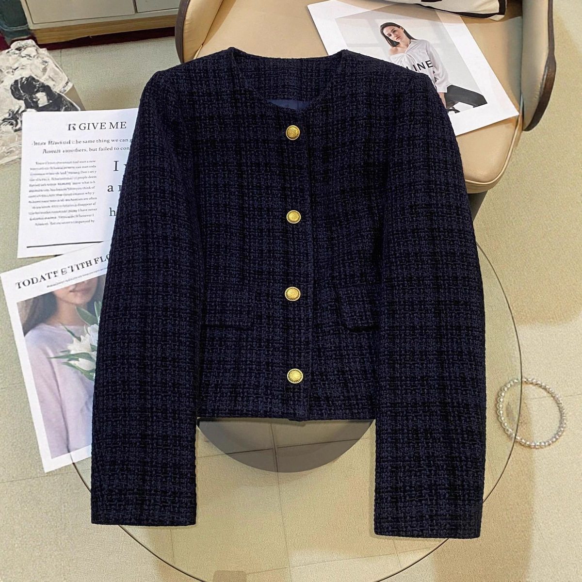 Cross-Border Tweed Women's Outerwear for Spring and Autumn, Versatile French-Style Chanel-Inspired Top for Petite Women, Navy Blue