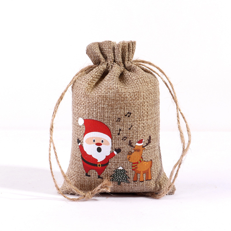 Bolsa de regalo de lino de Navidad al por mayor decoración de la fiesta de Navidad pequeña bolsa de tela cordón bolsa de tela de cáñamo ventas directas de fábrica