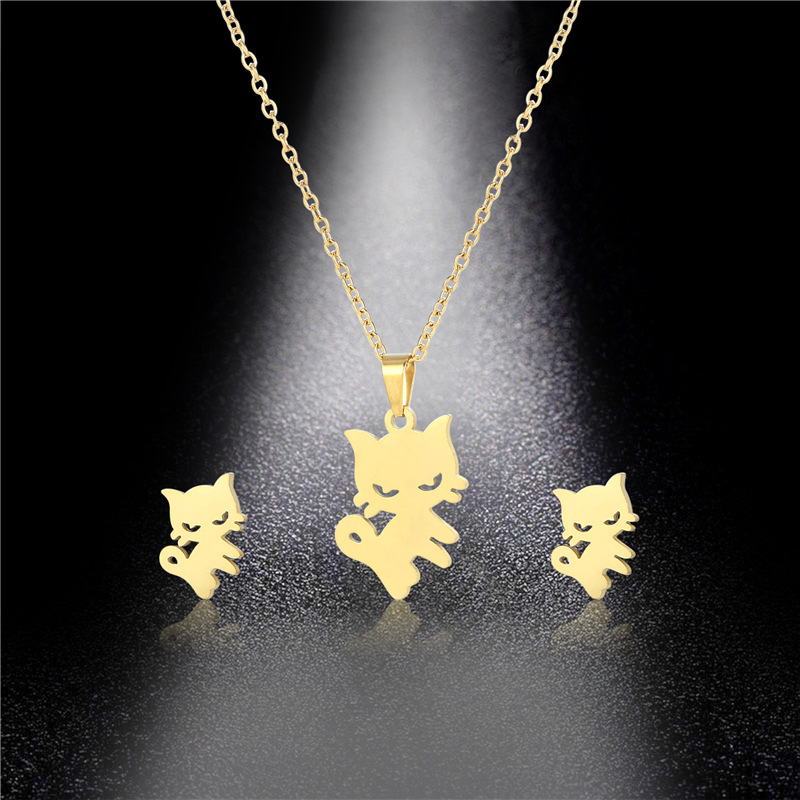 fashion cute kitten pendant stainless steel necklace ear stud set