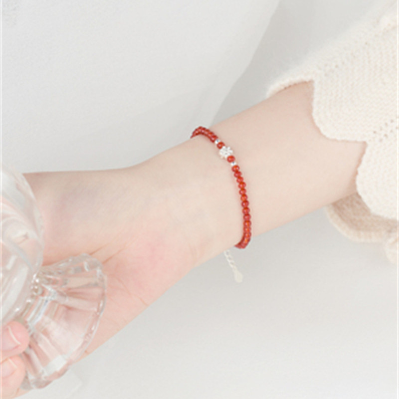 S925 Silver Flower Bracelet Simple And Fresh Women's Red Agate Women's Hand Jewelry For Gifts