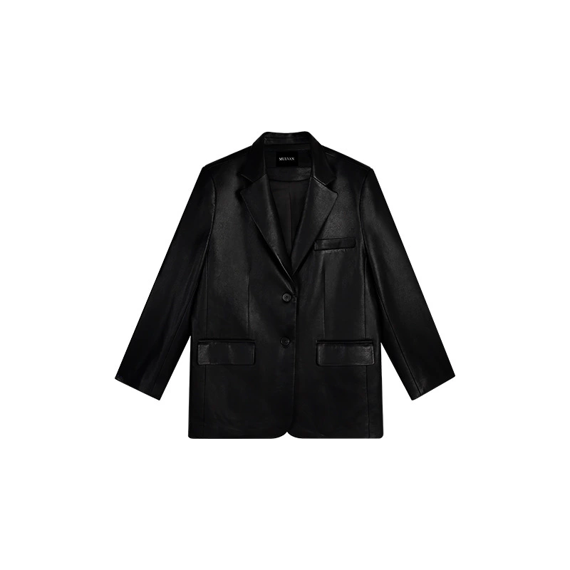 Black polyurethane autumn small classic suit jacket, oversize, bright catchy style