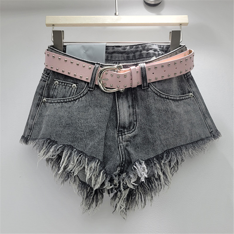 Pantalones Cortos Denim de Tiro Bajo Mezclilla, Poliéster Tiro Bajo, Efecto Lavado para Mujer