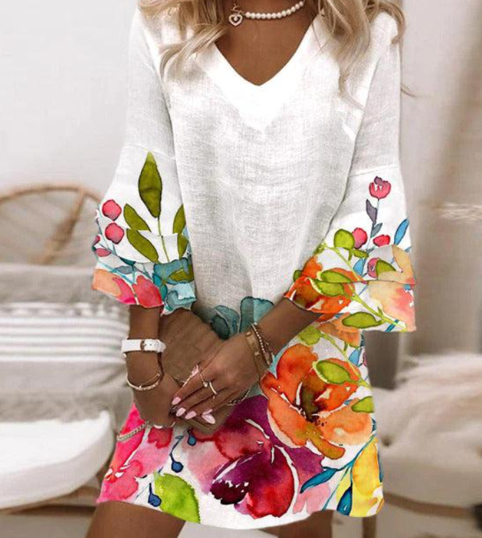 Nuevo estilo transfronterizo europeo y americano Amazon AliExpress Wish estampado fresco con cuello en V 3/4 manga mini vestido de mujer image 36