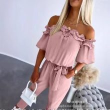 爆款2024新款亚马逊夏季新款一字肩花边连体裤-带本布腰带