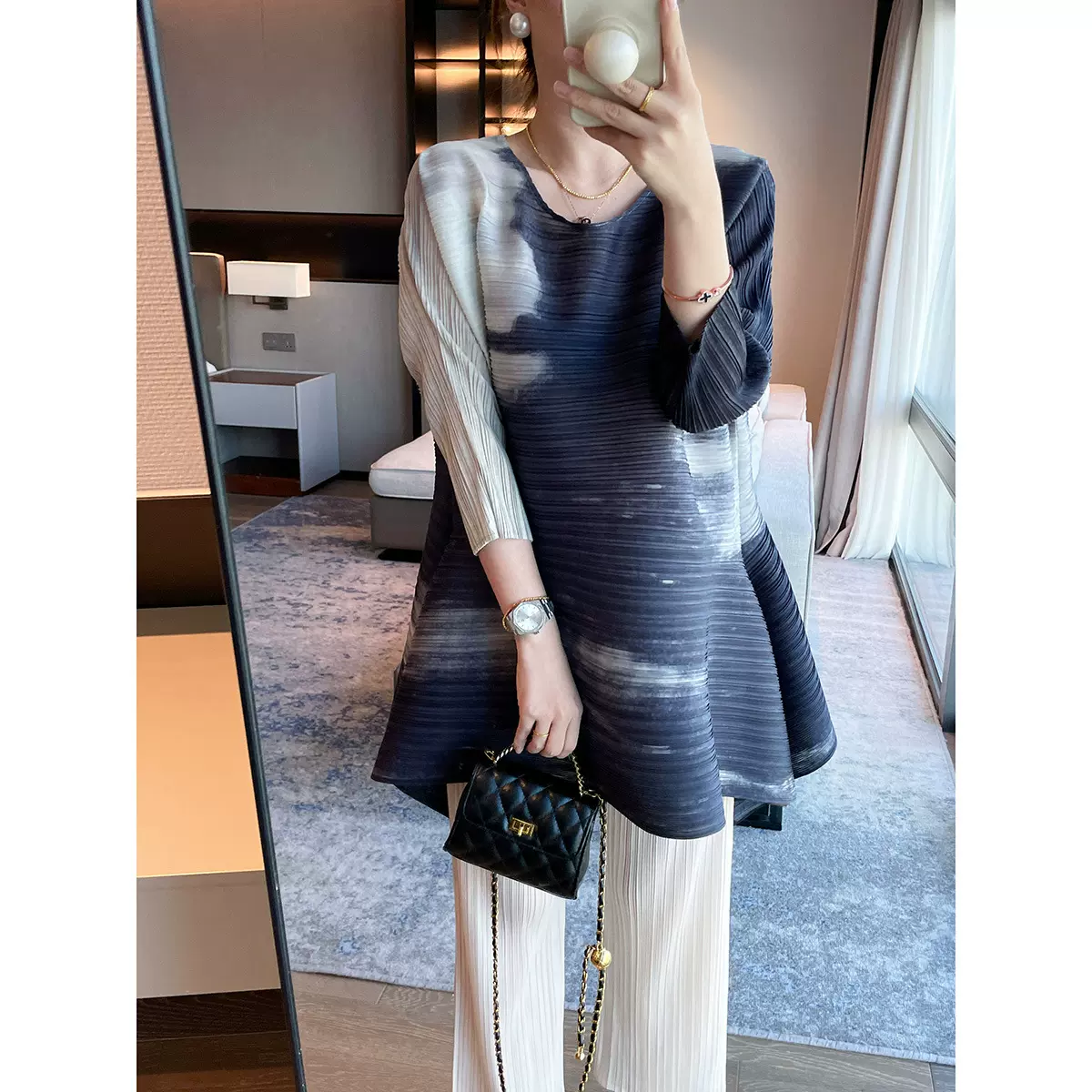 三宅2025新款法式高级水墨印花廓形褶皱上衣气质优雅百搭宽松T恤