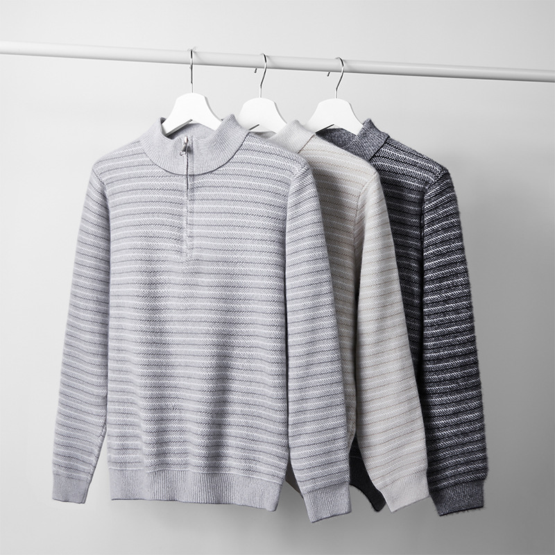 Maglione invernale da uomo in maglia jacquard con cerniera, motivo a blocchi di colore e a righe, strato di base spesso da 320 g, vestibilità ampia e collo alto._voghion.com