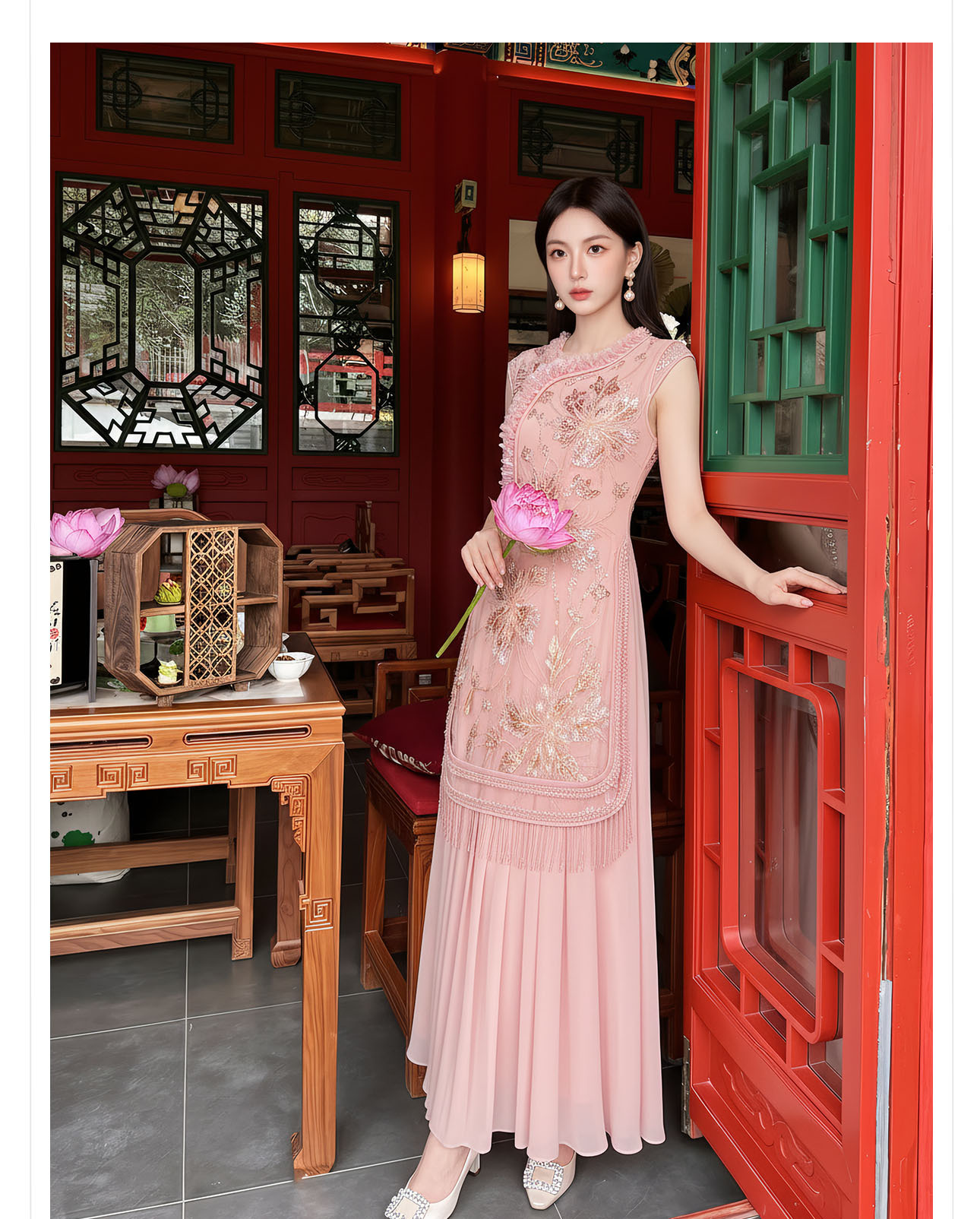 Đầm maxi nữ thắt eo thiết kế hoa nổi thêu ren cao cấp — màu hồng chi tiết 5