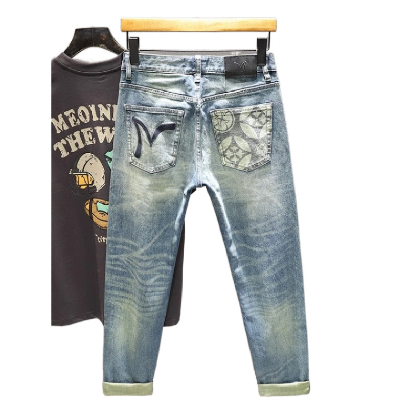 Vaqueros azul claro de marca de moda de alta gama, pantalones ajustados para hombres, pantalones elásticos, pantalones de otoño de año nuevo 2024