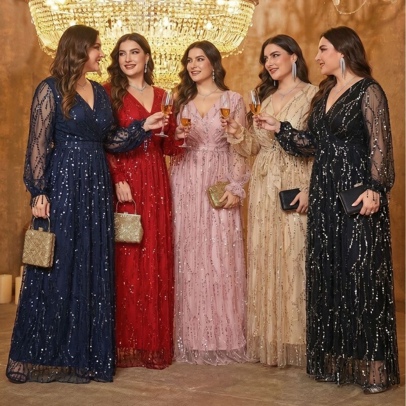 Cross-Border Plus-Size Women's Clothing, European and American Style V-Neck Long-Sleeve Slit Sequin Elegant Dress for Plus-Size Bridesmaids, Slim-Fit Dress