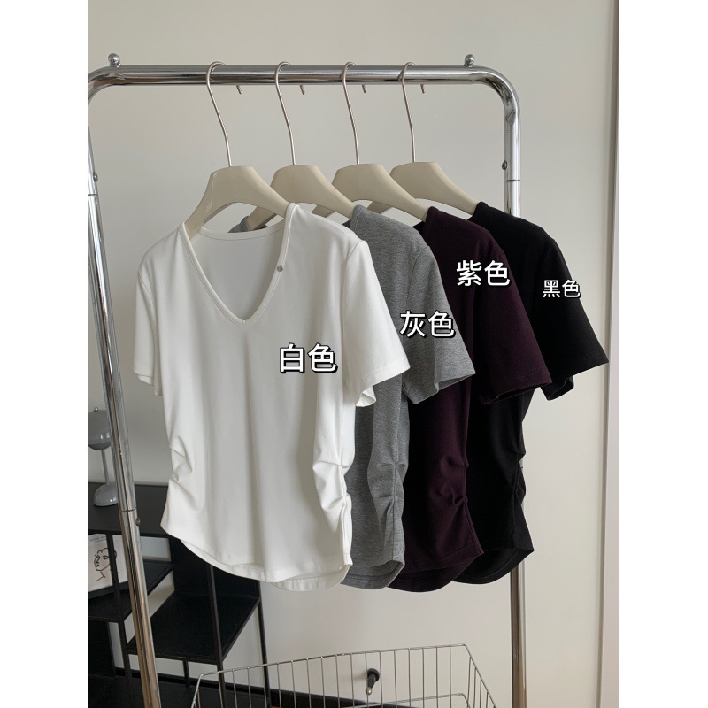 显白~V领纽扣短袖t恤女！夏季百搭纯色显瘦小个子正肩休闲上衣Tee