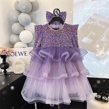 女童亮片公主裙24春秋蓬蓬裙蛋糕裙秋装韩版女孩生日礼服裙送头纱
