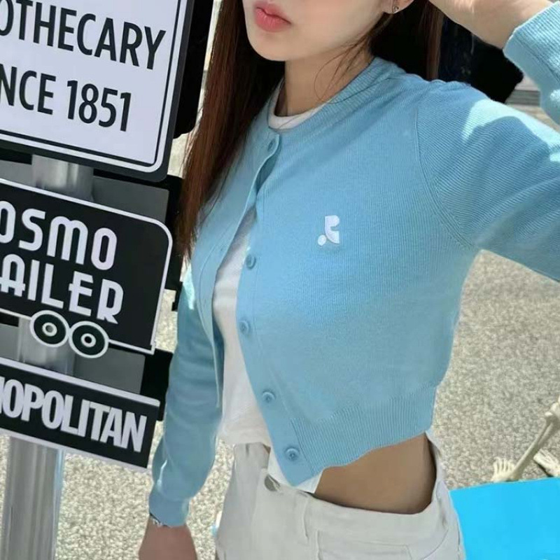 New Korean Dongdaemun High-End Soft Embroidered Small Logo Short Solid Color Waist-Cinching Long-Sleeve Knitted Cardigan for Women