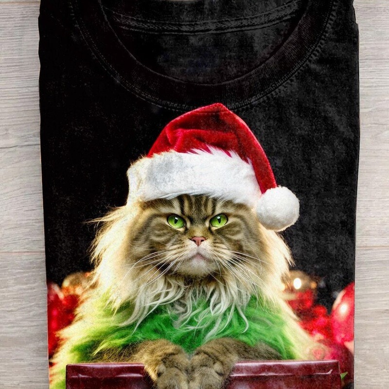 Christmas hat cat short sleeve women's summer printed Christmas gift plus size round neck top cross-border supply T-shirt men