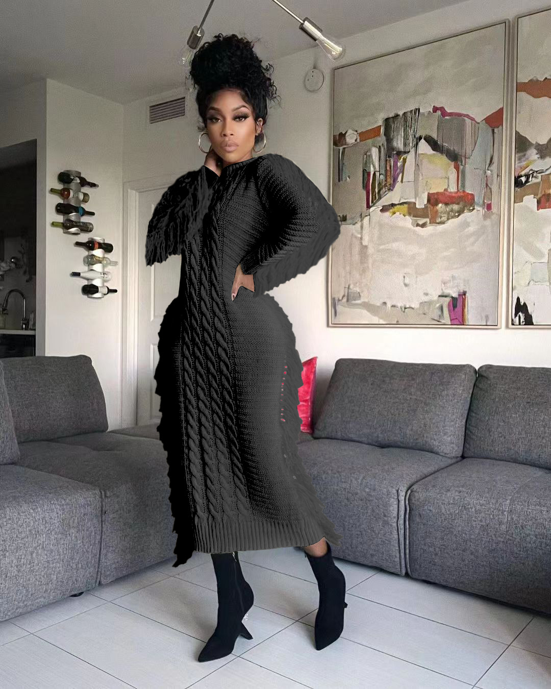 Robe pull femme avec franges longues en maille pour l'hiver_voghion.com