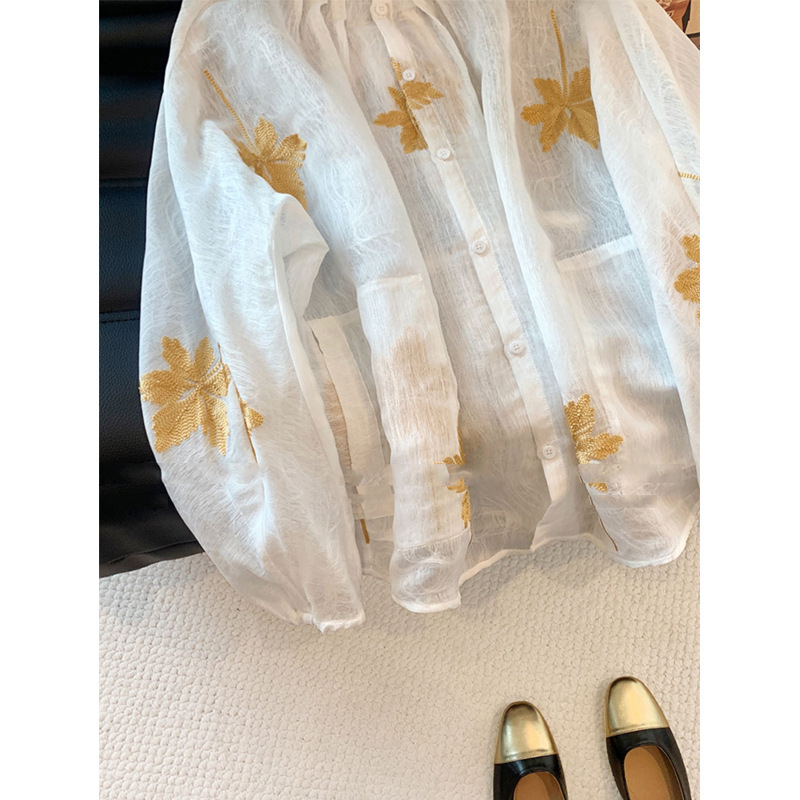 新中式系带刺绣花朵白色亚麻衬衫2025新款女复古时尚宽松气质上衣|undefined