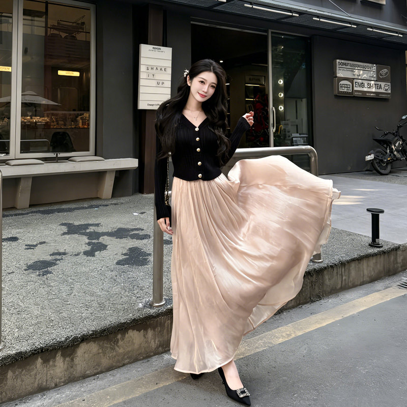 2026 New High-End Flowing Satin Skirt for Women, Spring and Summer High-Waisted Slimming A-Line Long Skirt