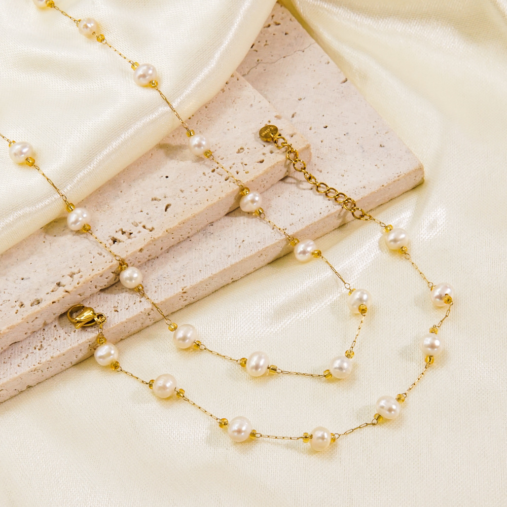 Bracelets, Anklet, Necklace Classification Clothing Necklace Earrings Quantity Street Occasion PVD Coated 14K Gold Real Gold Plated Solid Color 304 Stainless Steel Imitation Pearl Simple Style Waterproof Non Tarnish Bracelets Anklet Necklace