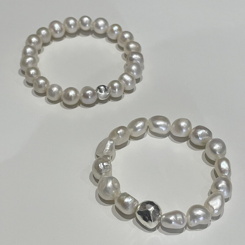 S925 Sterling Silver Ins Style Natural Freshwater Baroque Pearl Silver Ball Heavy Hammer Pattern Elastic Versatile Elegant Bracelet