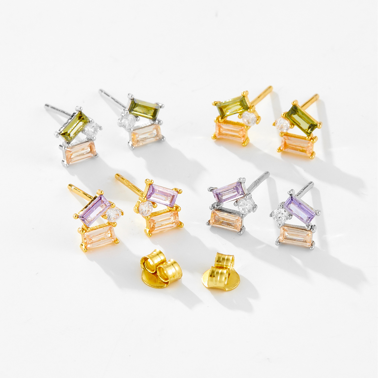 S925 Sterling Silver Square Stone Champagne Purple Mixed Stud Earrings
