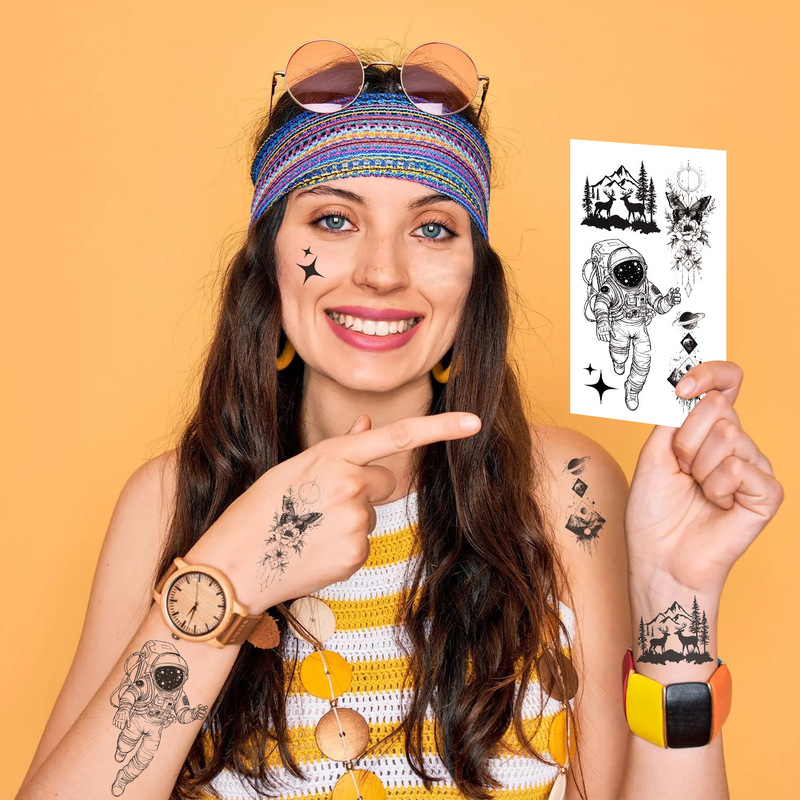 New Black Space Tattoo Sticker Cross Border Face Tattoo Sticker Water Transfer Disposable Waterproof Temporary Tattoo Sticker
