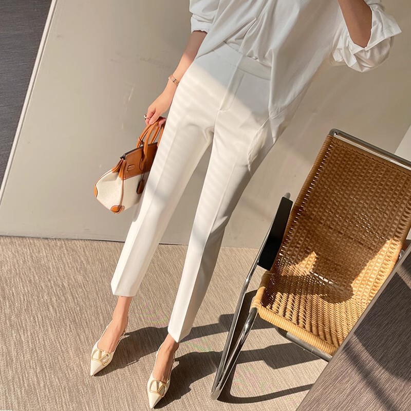 White Nine-Point Suit Pants for Women, Spring, Autumn and Summer New High-Waisted Casual Pants for Small People, Professional Straight Pants