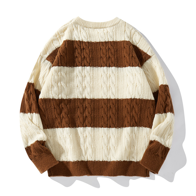 Pull en maille décontractée pour homme, col rond, couleur unie, coupe ample, maille torsadée, idéal pour l'automne et le printemps._voghion.com