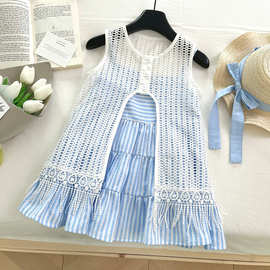女童套装2025夏季新款韩版镂空开衫条纹连衣裙公主裙跨境代发