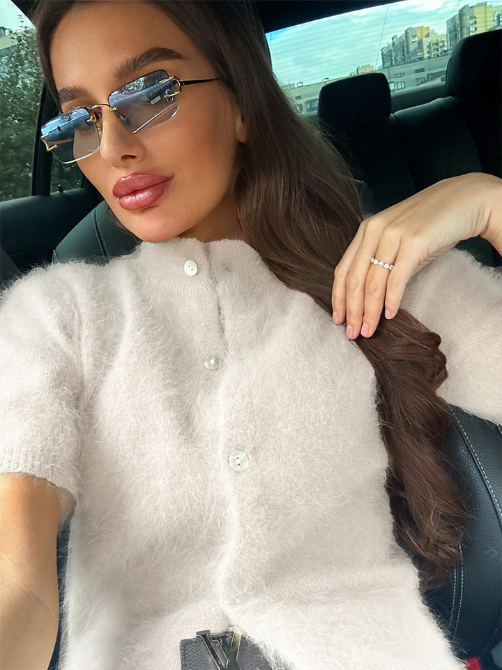 Áo cardigan dệt kim tay ngắn cổ bán cao ôm dáng phong cách retro — Màu hồng, Màu hồng cánh sen, Màu trắng, Màu tím chi tiết 35