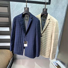 菱形格商务休闲棉服西装领薄棉衣外套时尚简约修身秋冬男单西D41