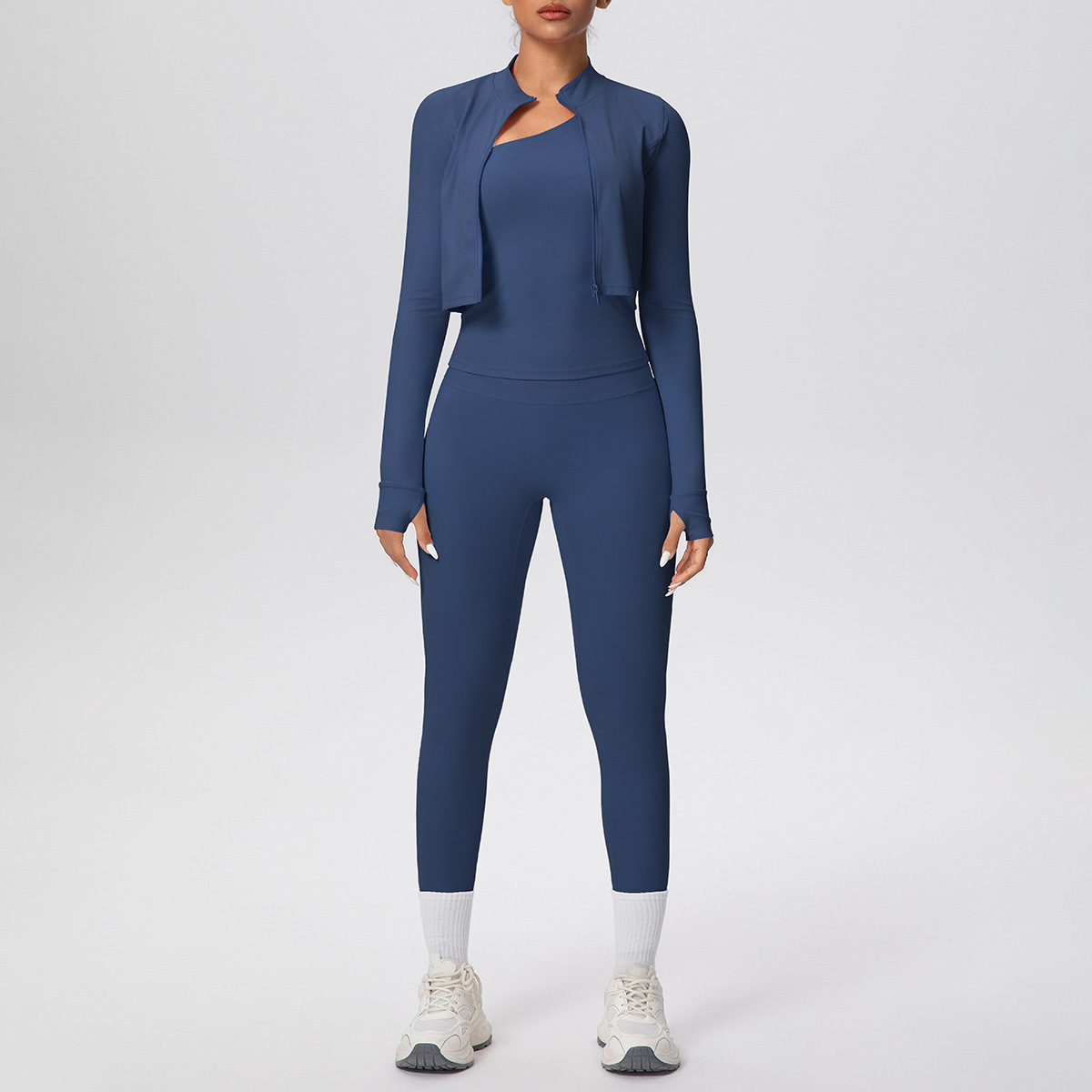 Cross-border color sólido abrasivo ajustado chaleco de hombro nueve puntos de largo conjunto de tres piezas de deporte, carrera y fitness yoga set