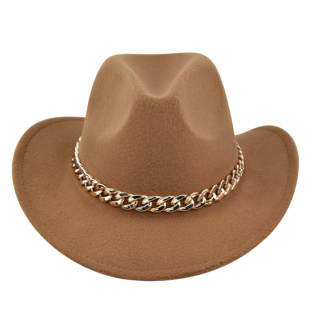 Cowboy jazz gold-plated chain woolen top felt sheep hat, cowboy hat_voghion.com