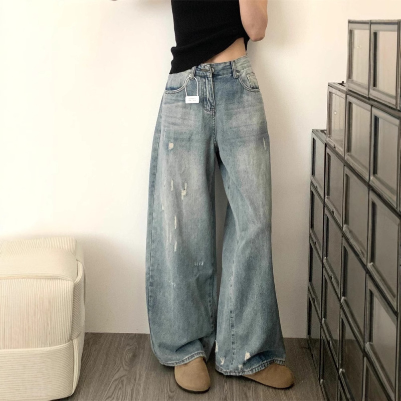 背の高い女性向けのレトロなウォッシュ加工のスクラッチ加工とほつれ加工のジーンズ、ハイウエスト、スリム、ルーズ、ストレート、ワイドレッグ、フロアレングスパンツ|undefined