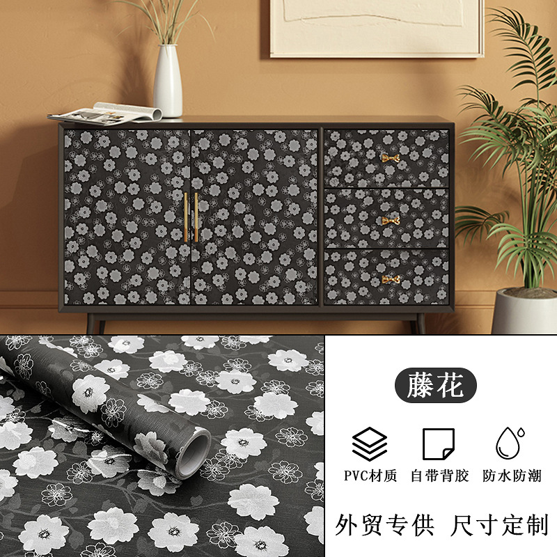 Mayorista transfronterizo autoadhesivo armario viejo muebles impermeable a prueba de humedad renovación papel pintado negro papel pintado