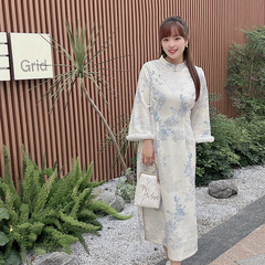 31826奶杏色毛领拼接改良旗袍大码连衣裙新中式加厚保暖冬季裙子