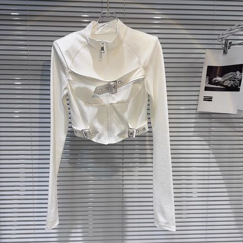 Slimming Top with Stand Collar, Chic & Cool Base Layer for Spring/Summer—Women's Design, Fitted Fit, Asymmetrical Style, Featuring a Metal Zipper and Secure Buckle