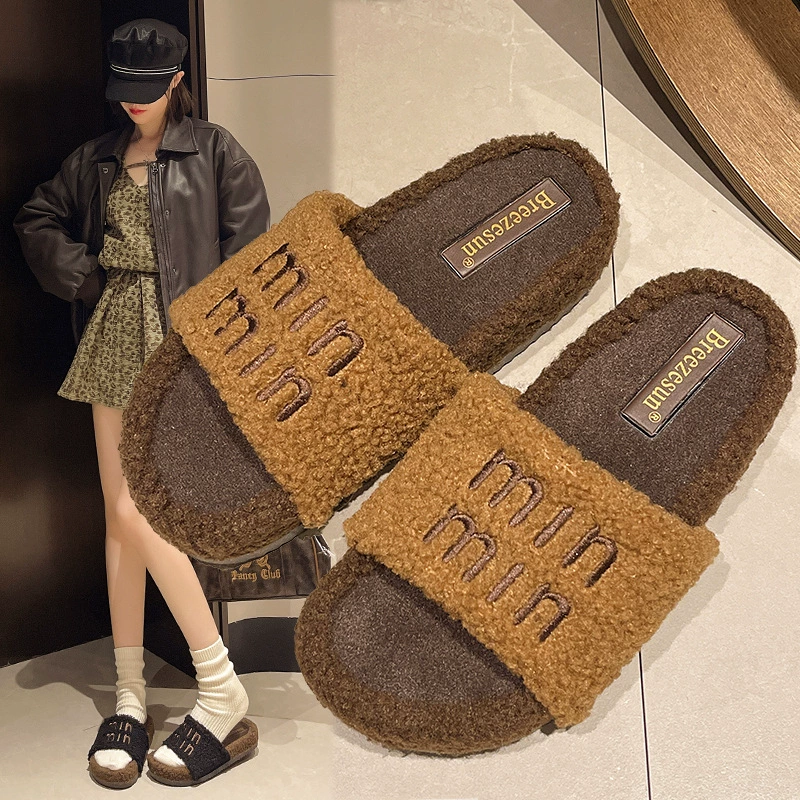 Корейская мода носить толстые шерстяные тапочки женские 2024 новые мм замши