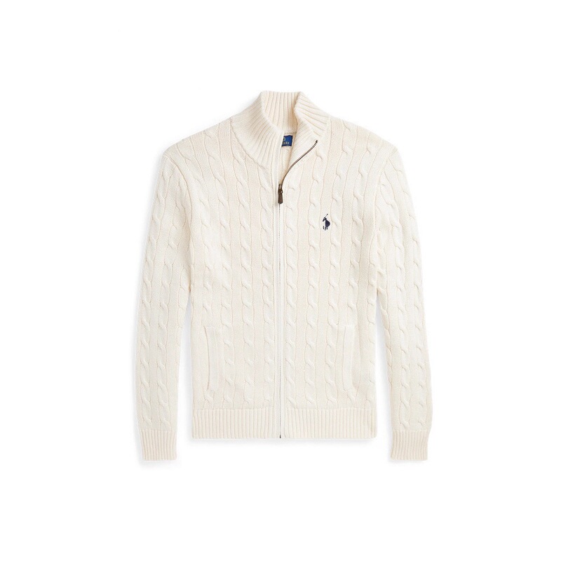 Rl Ralph Lauren Logo Embroidery Autumn and Winter New Cardigan Cable Knit Couple Zipper Sweater Coat Turn-Down Collar Knitwear for Men