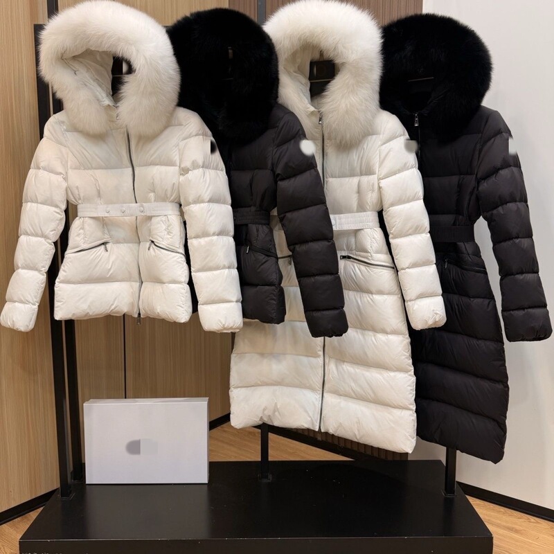 New Moncler Waist-Cinching Slim-Fit Warm down Jacket with Original White Goose Down, Long Style with Fur Collar, Cold-Resistant