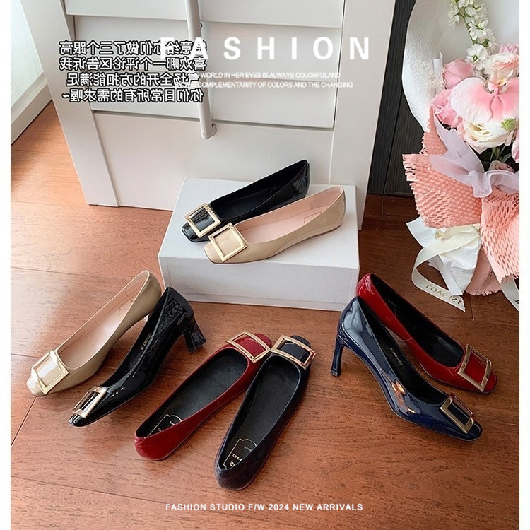 Cowhide Genuine Leather High-Heeled Square Buckle Single Shoes for Women, Flat Shoes with Top Layer Leather, Square Toe, Commuting Style, Chunky Heel Cowhide Genuine Leather High-Heeled Square Buckle Single Shoes for Women, Flat Shoes with Top Layer Leather, Square Toe, Commuting Style, Chunky Heel