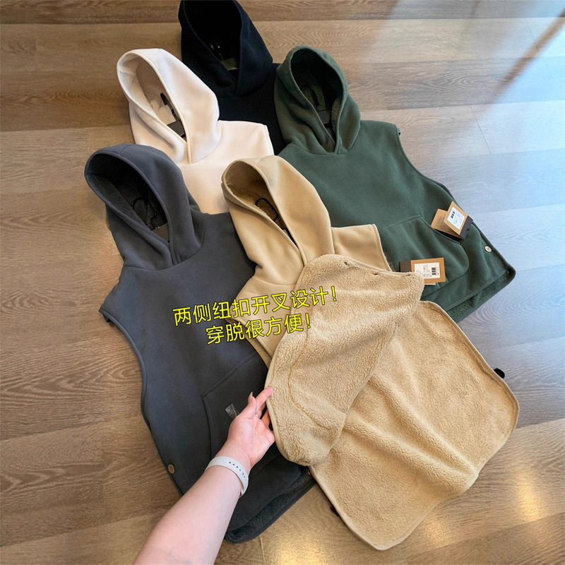 430g Double-Sided Button Layered Autumn and Winter Designer Double-Sided Button Slit Hooded Sleeveless Fleece-Lined Couple Vest
