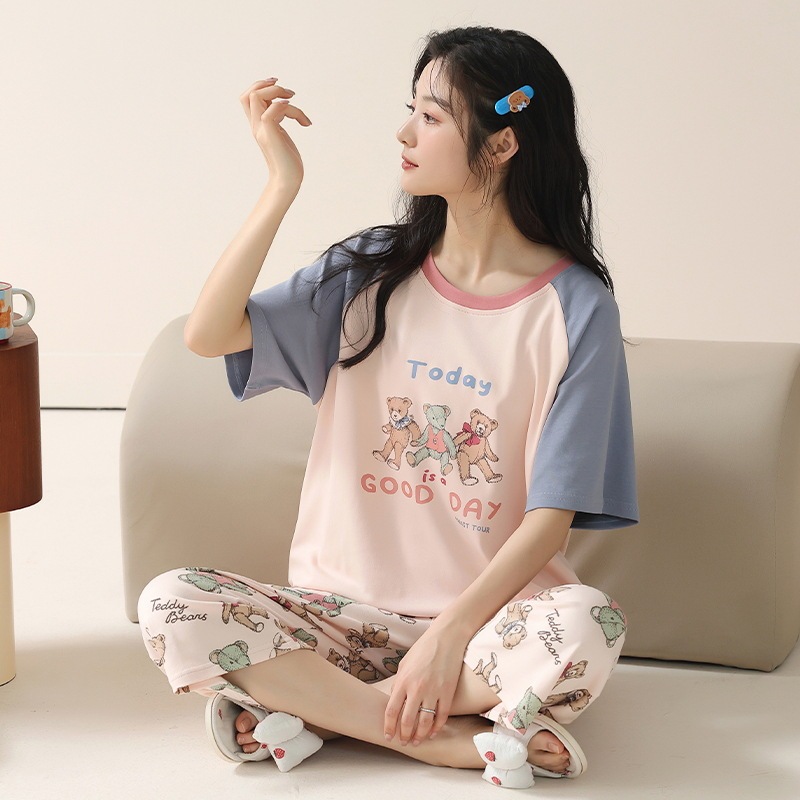 Class A Bacteriostatic Anti-mite Summer Pajamas Women's Cotton Short-sleeved Capri Pants Summer Women's Cotton Home Clothes Plus