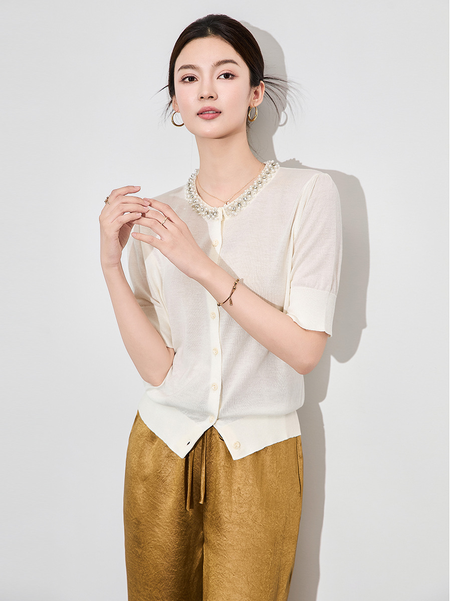 Áo len dệt kim ngắn tay cổ tròn đính cườm phong cách Pháp — đen