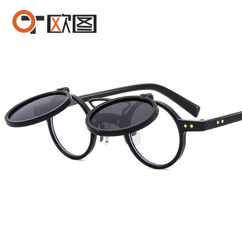 T307 Otu new round frame punk double-layer flip sunglasses for men and women, motorcycle trendy and personalized foreign trade sunglasses