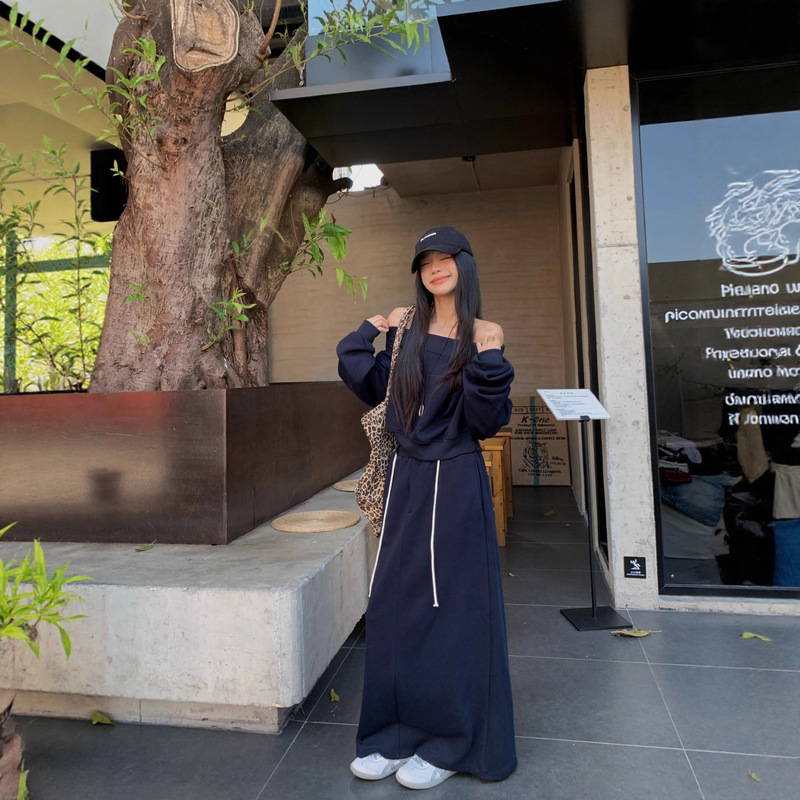 韩系休闲慵懒风卫衣套装裙女2025新款中长款露肩上衣半身裙两件套|undefined