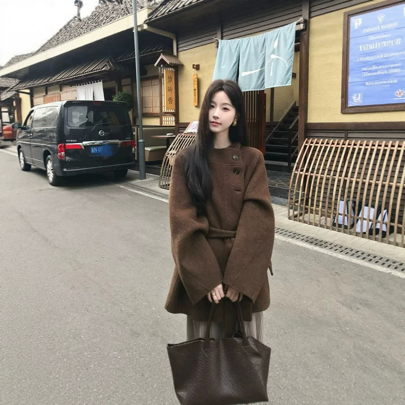 Stand-collar short double-sided woolen cashmere coat for women, 2026 winter new Korean style brown woolen coat for petite women Stand-collar short double-sided woolen cashmere coat for women, 2026 winter new Korean style brown woolen coat for petite women