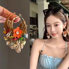 度假风波西米亚彩色编织花朵耳圈复古民族风彩色碎石海螺耳环女