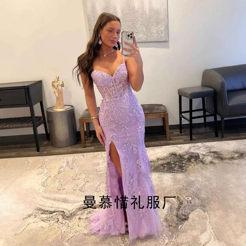 European and American Women's Lace Mermaid Ball Gown Long Split Mermaid Thin Shoulder Strap Open Back Formal Evening Gown